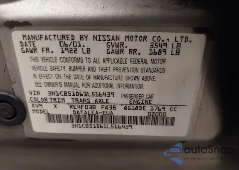 2001 Nissan Sentra Gxe из США, поврежденный, VIN 3N1CB51D61L516439